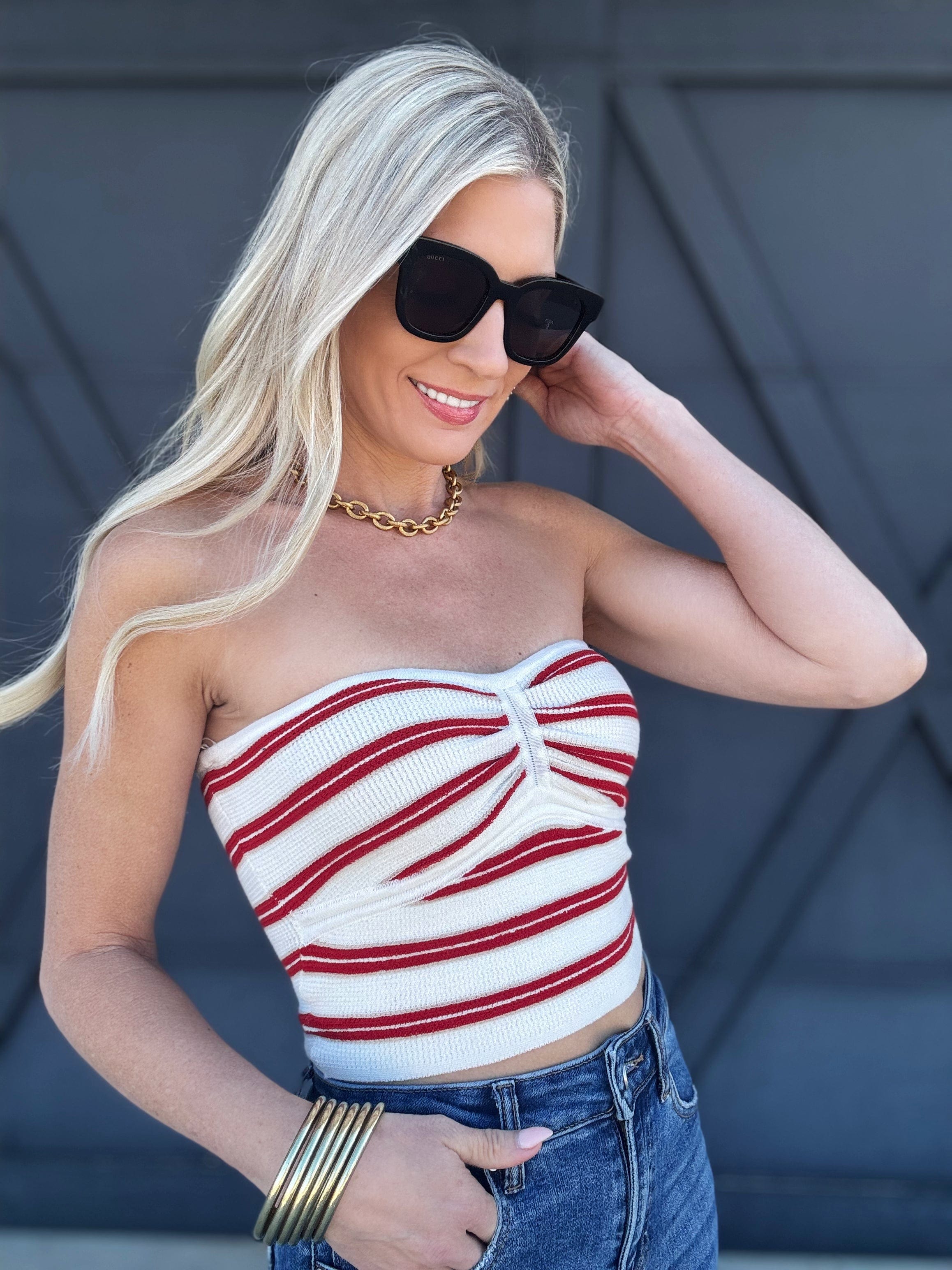 Stripe Sweater Knit Tube Top In Red - Infinity Raine
