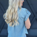 Stripe Tab Sleeve Top In Chambray - Infinity Raine