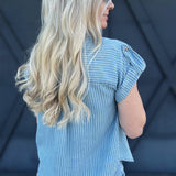 Stripe Tab Sleeve Top In Chambray - Infinity Raine