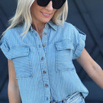 Stripe Tab Sleeve Top In Chambray - Infinity Raine