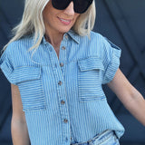 Stripe Tab Sleeve Top In Chambray - Infinity Raine