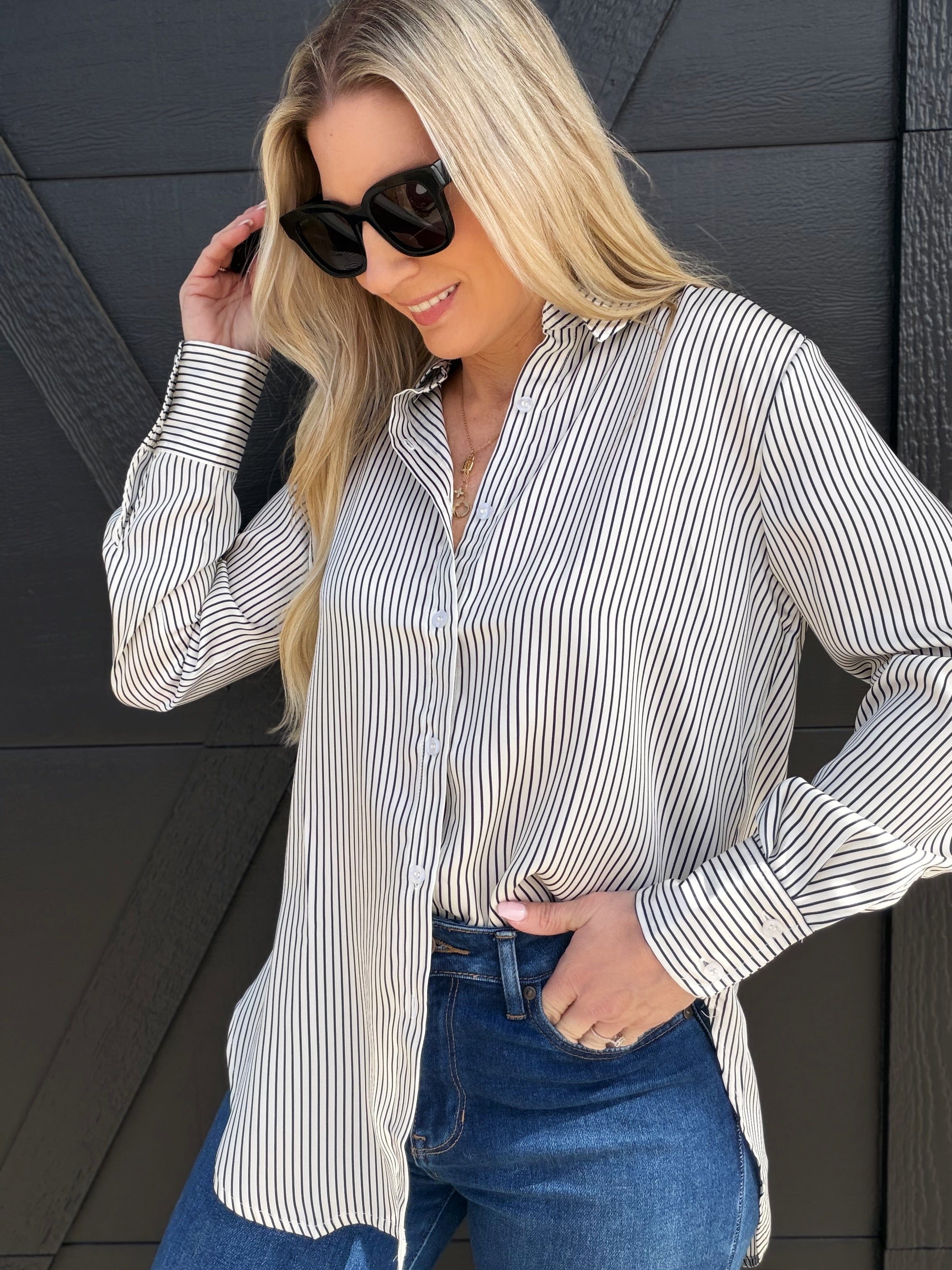blu pepper Tops - Blouses Striped Button Down In Navy