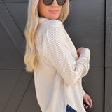 blu pepper Tops - Blouses Striped Button Down In Taupe