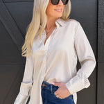 blu pepper Tops - Blouses Striped Button Down In Taupe