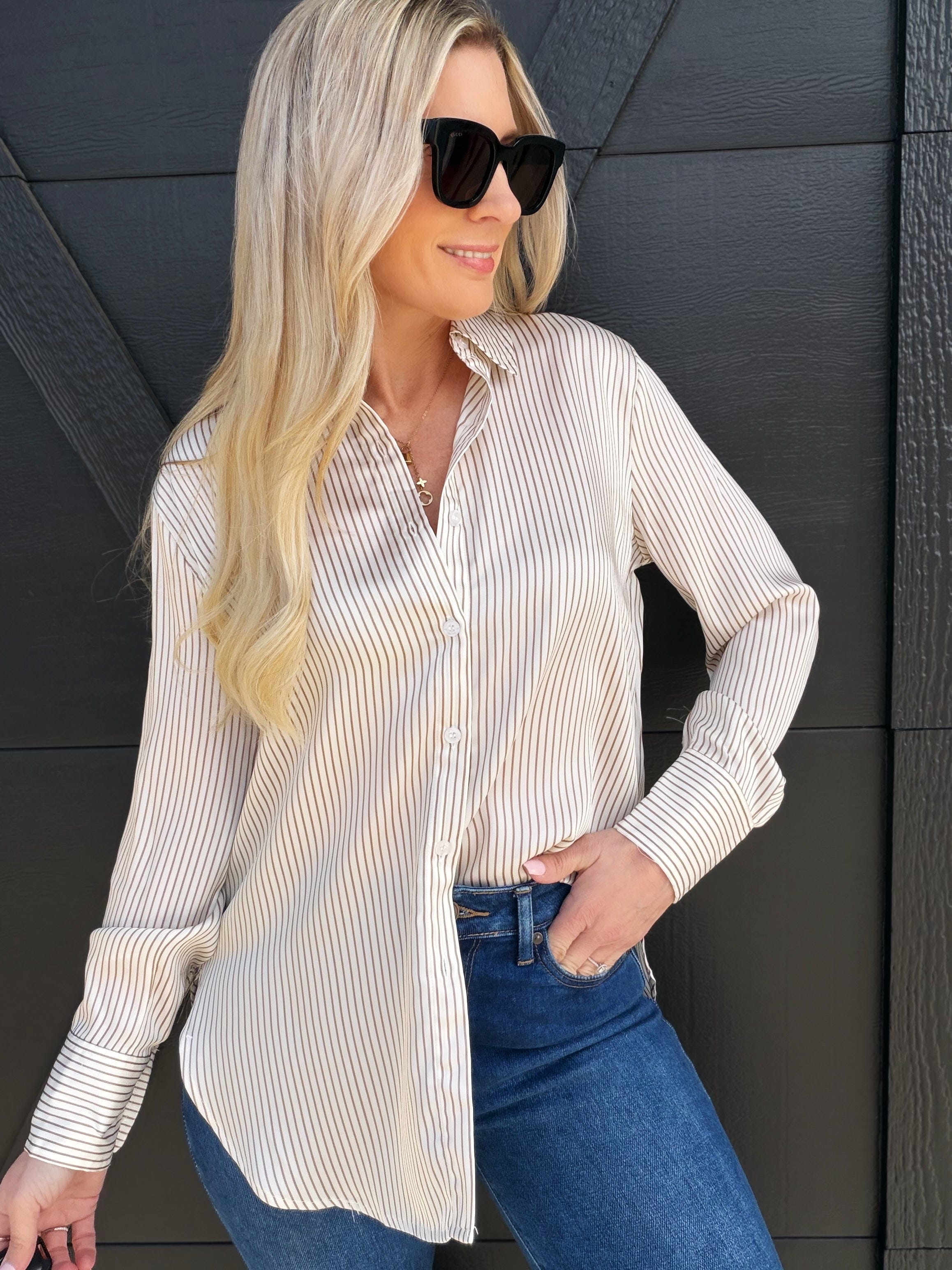 blu pepper Tops - Blouses Striped Button Down In Taupe