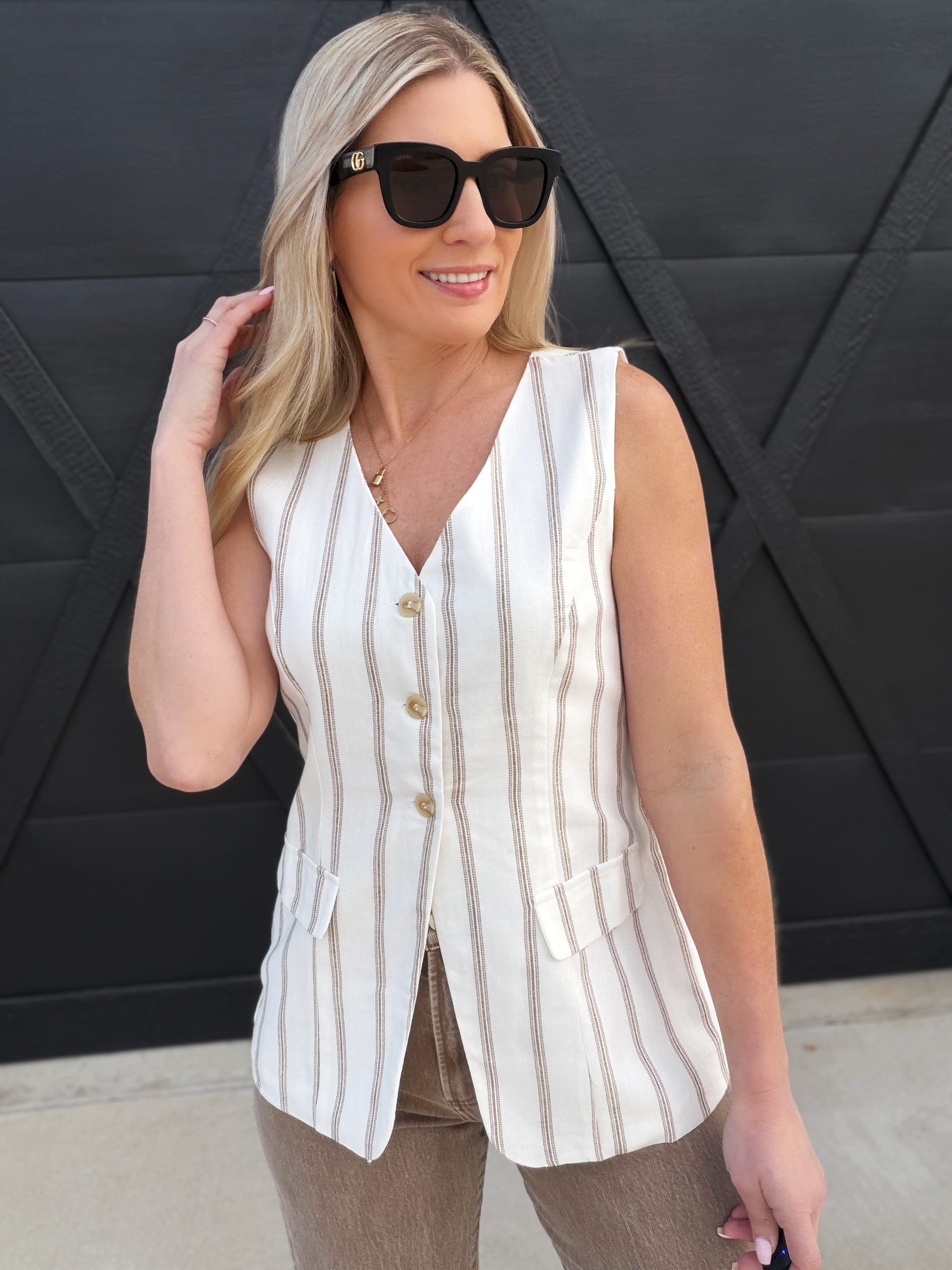 blu pepper Tops - Blouses Striped V-neck Sleeveless Vest In Brown
