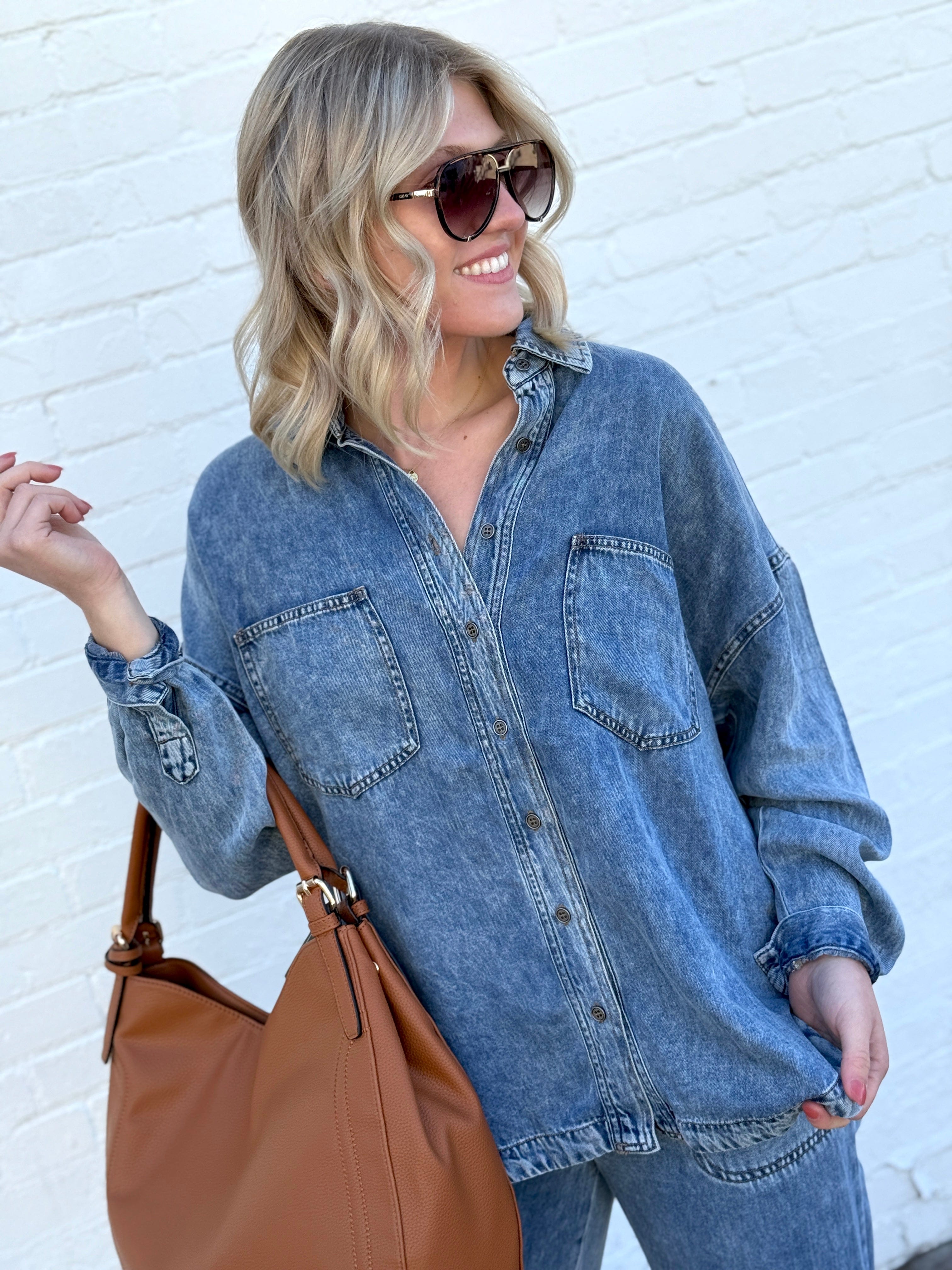 blu pepper Tops - Blouses Washed Button Down Shacket In Chambray