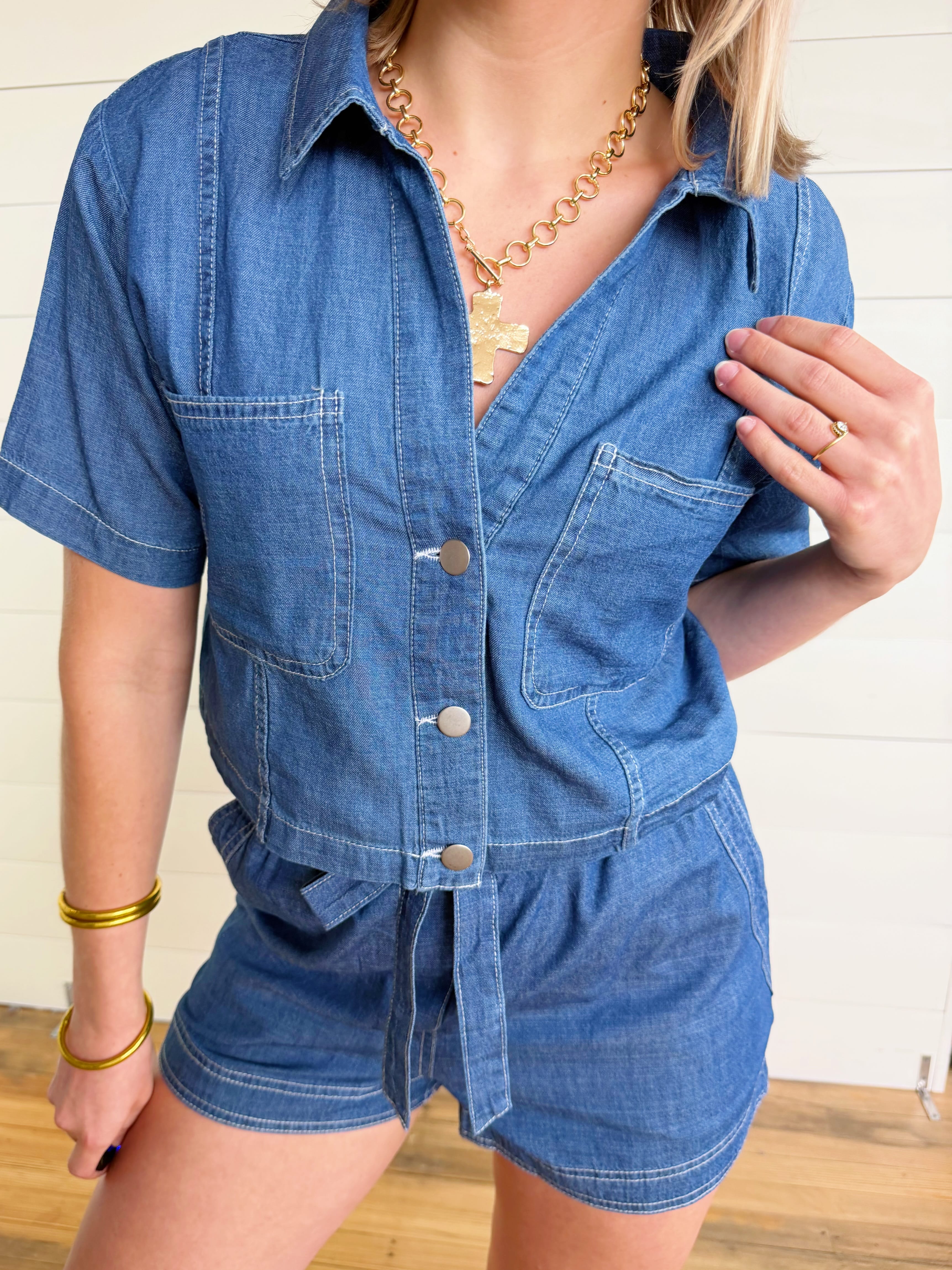 Collared Button Down Boxy Denim Top In Dark - Infinity Raine
