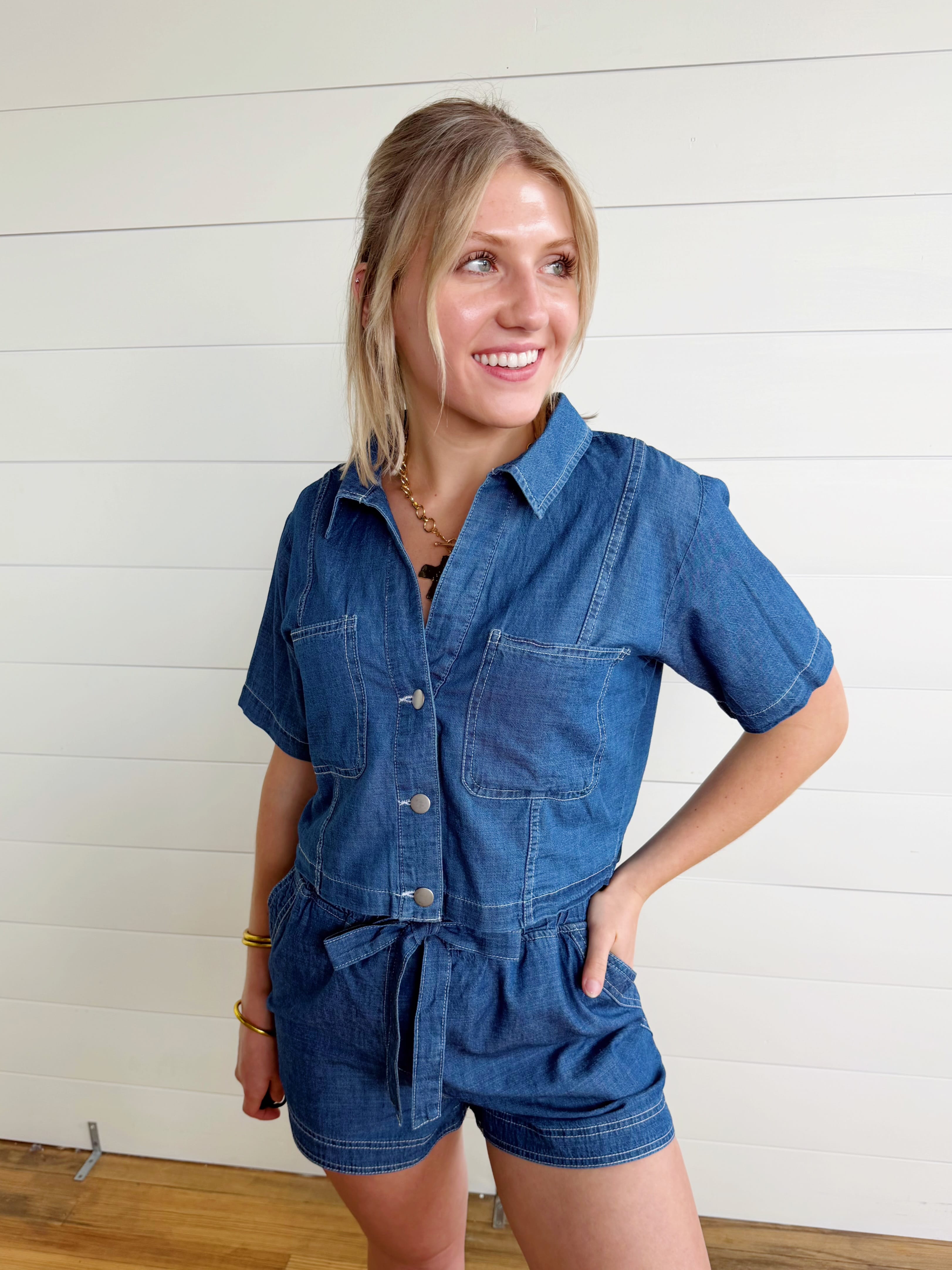 Ruffle Waist Front Tie Denim Shorts In Dark - Infinity Raine