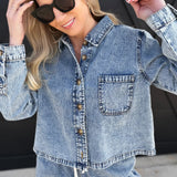 blu pepper Tops - Denim Washed Cropped Denim Button Down Shirt In Chambray