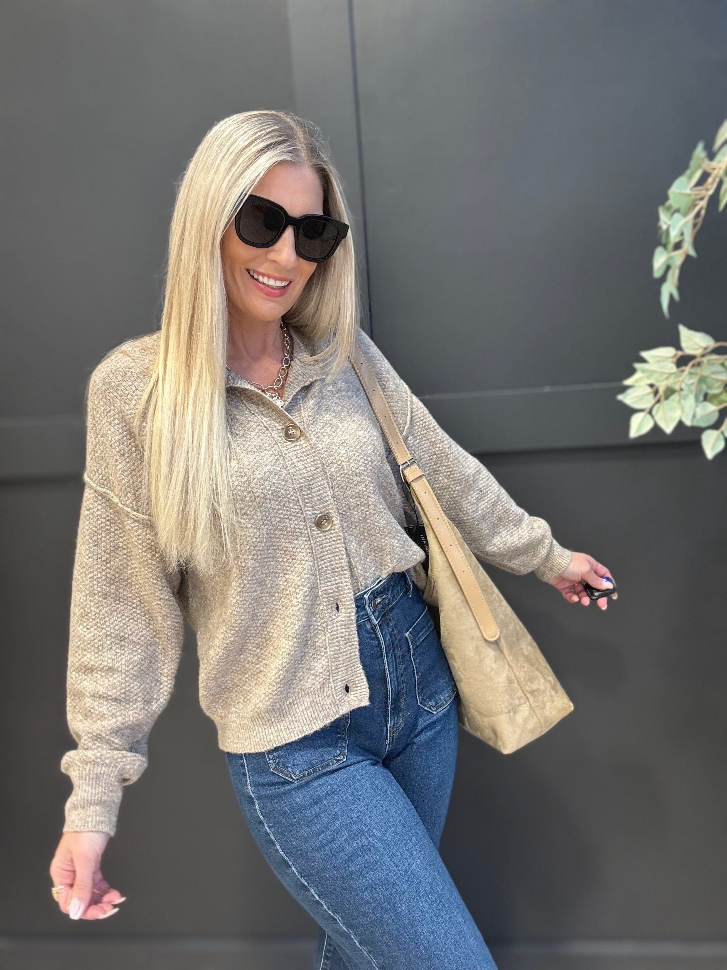 Button Down Knit Cardigan In Khaki - Infinity Raine