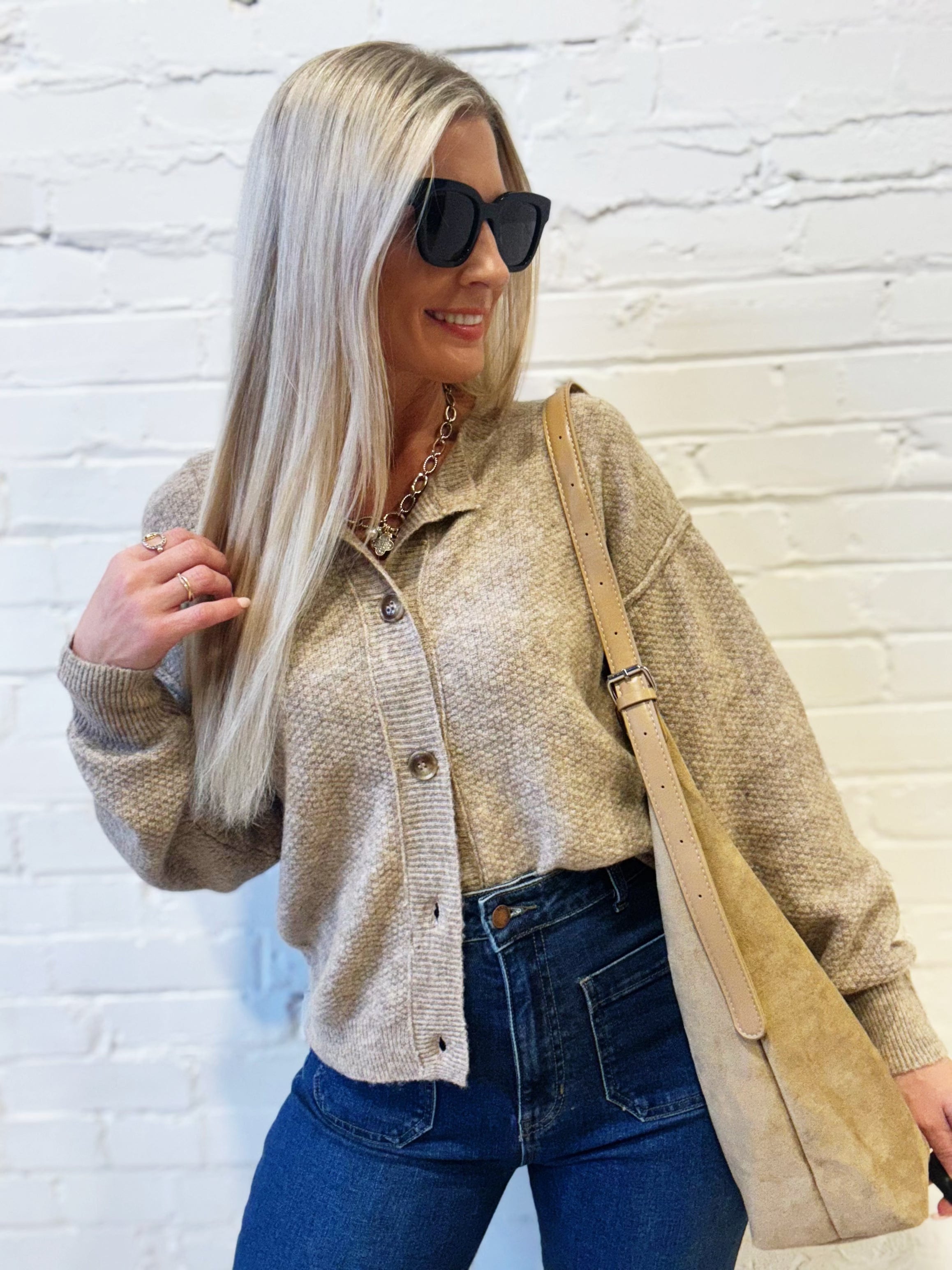 Button Down Knit Cardigan In Khaki - Infinity Raine