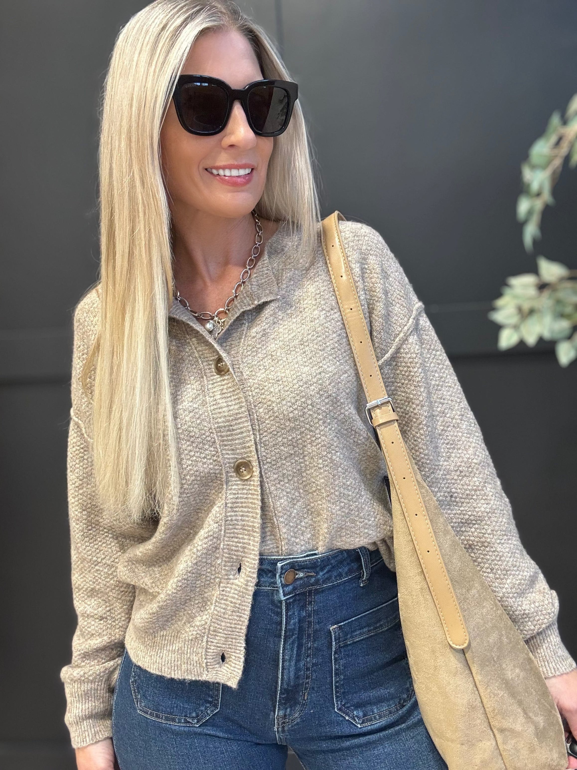 Button Down Knit Cardigan In Khaki - Infinity Raine