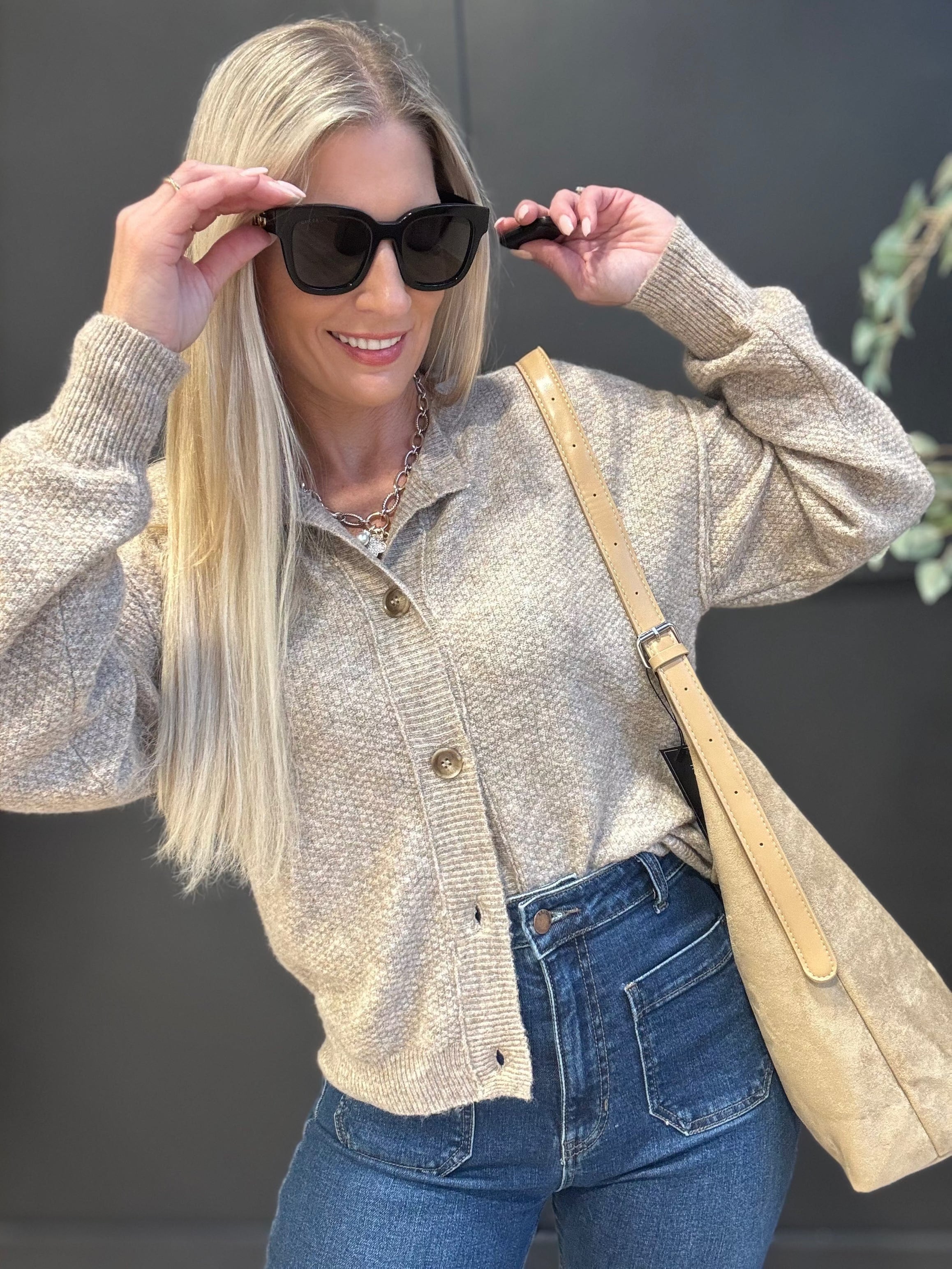 Button Down Knit Cardigan In Khaki - Infinity Raine
