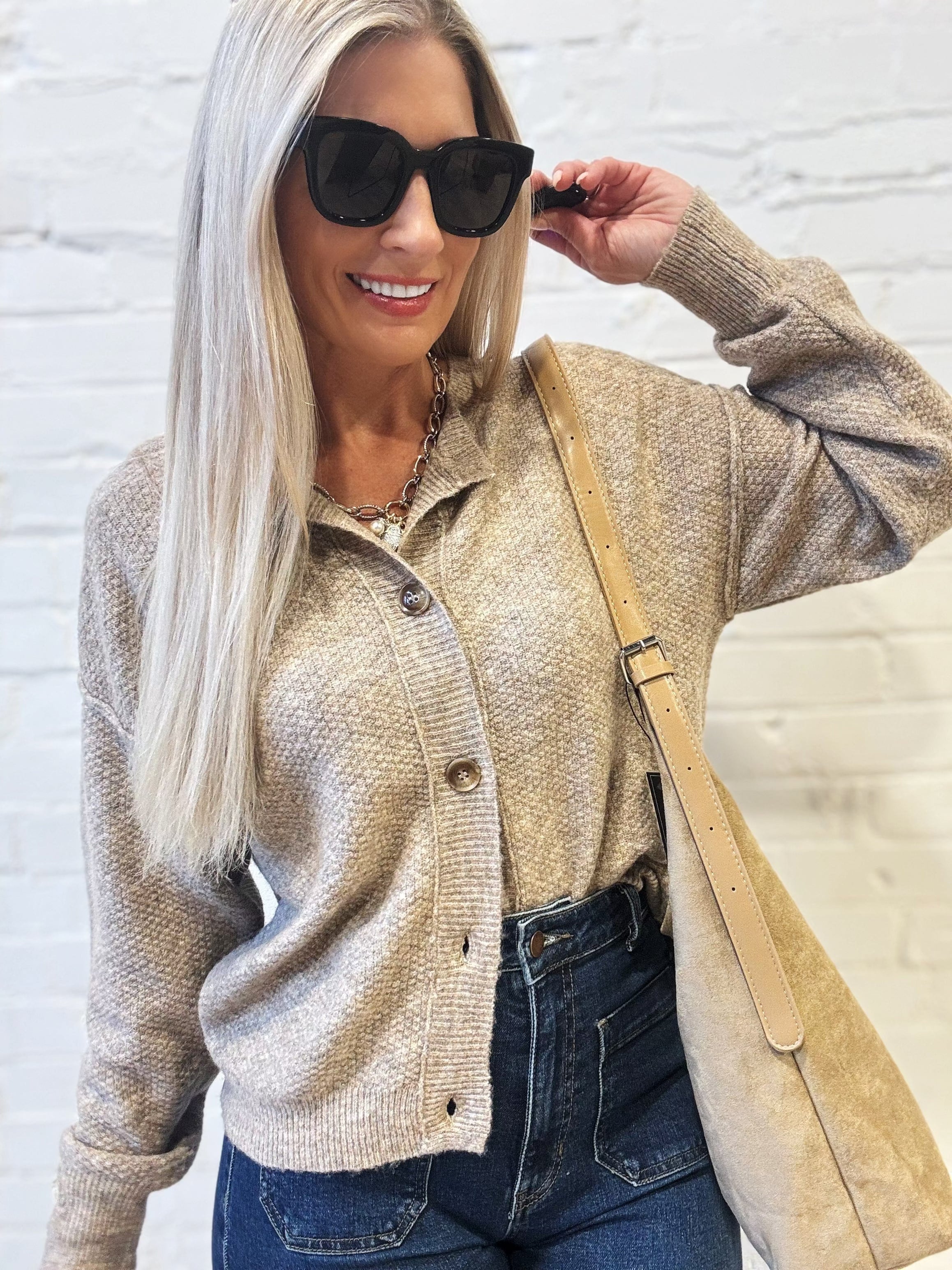 Button Down Knit Cardigan In Khaki - Infinity Raine
