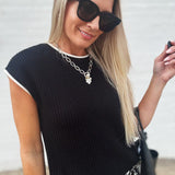 Contrast Trim Knit Sweater Top In Black - Infinity Raine