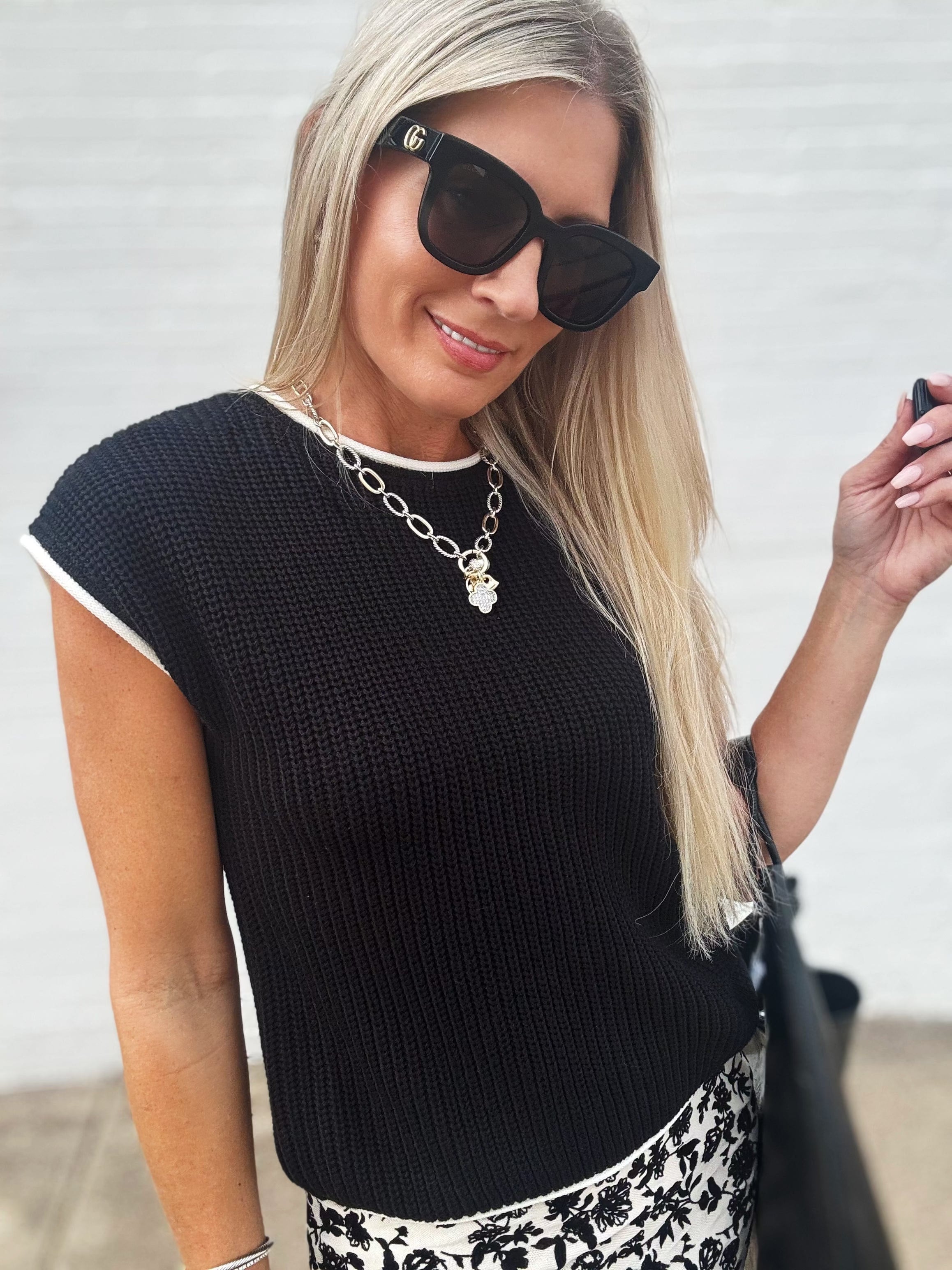 Contrast Trim Knit Sweater Top In Black - Infinity Raine