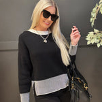Contrasting Hem Long Sleeve Sweater In Black - Infinity Raine