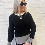 Contrasting Hem Long Sleeve Sweater In Black - Infinity Raine