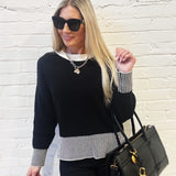 Contrasting Hem Long Sleeve Sweater In Black - Infinity Raine