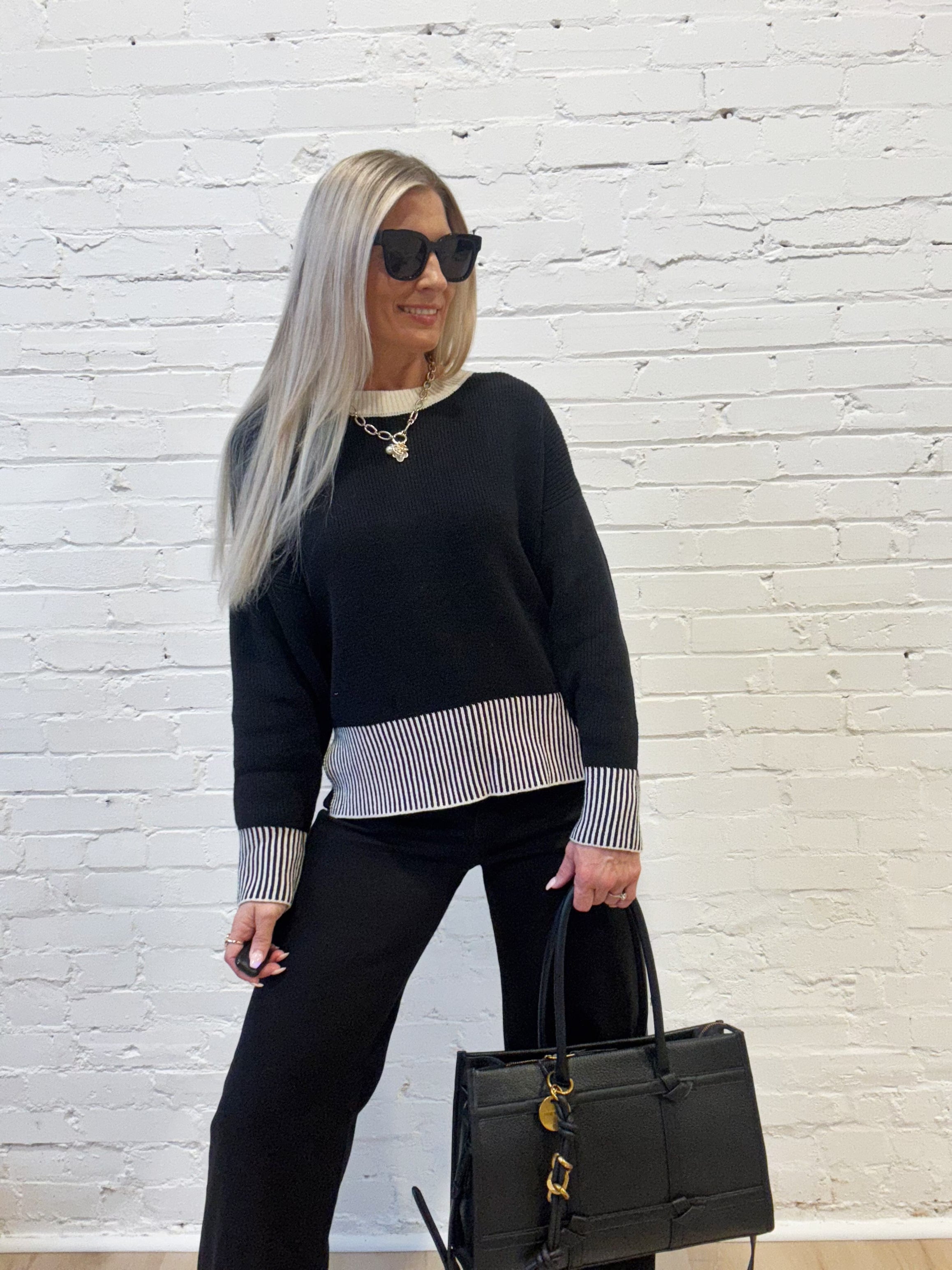 Contrasting Hem Long Sleeve Sweater In Black - Infinity Raine