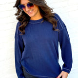 blu pepper Tops - Sweaters Crew Neck Ribbed Long Sleeve In Navy