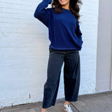 blu pepper Tops - Sweaters Crew Neck Ribbed Long Sleeve In Navy