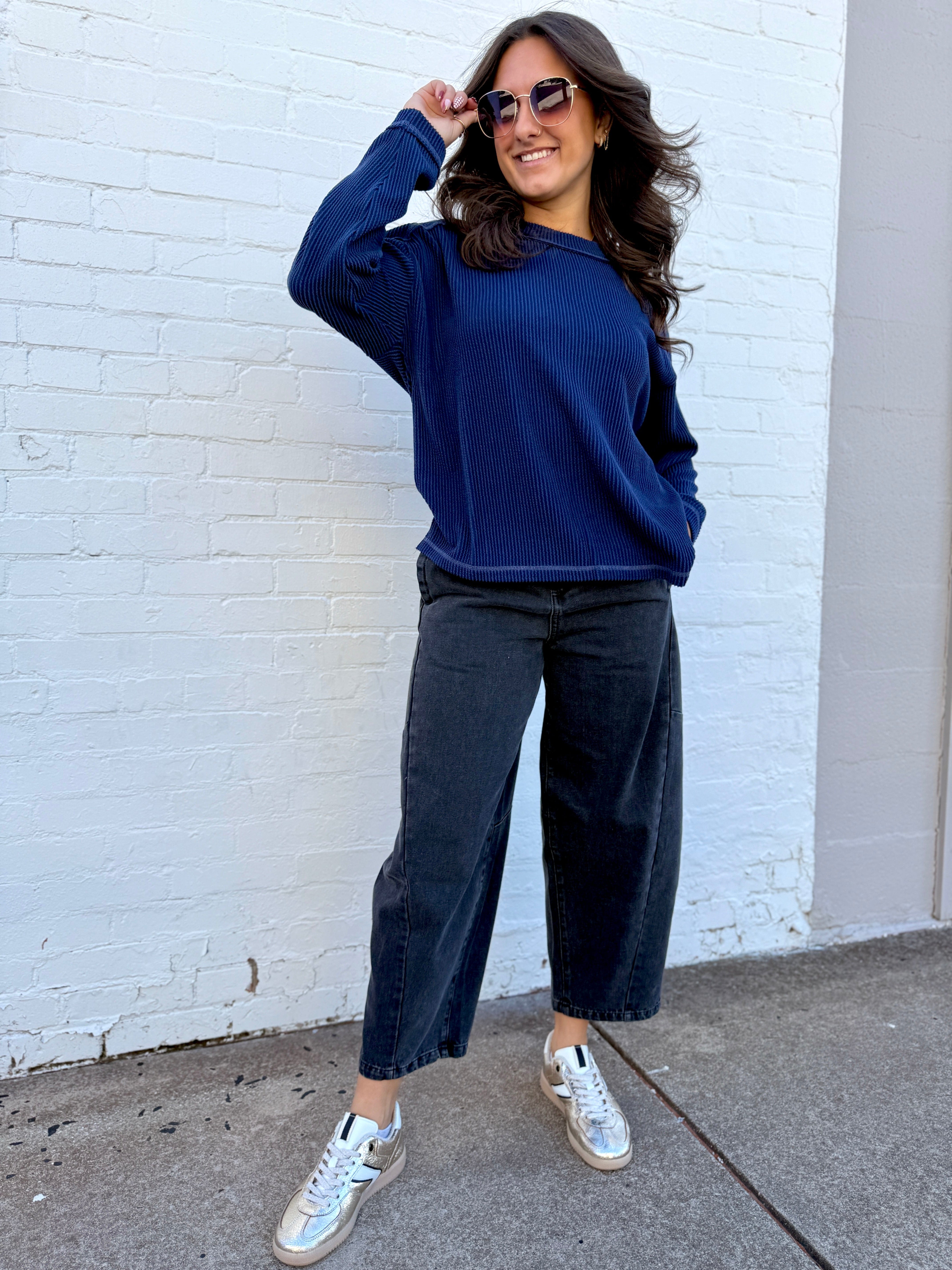 blu pepper Tops - Sweaters Crew Neck Ribbed Long Sleeve In Navy