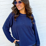 blu pepper Tops - Sweaters Crew Neck Ribbed Long Sleeve In Navy