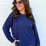 blu pepper Tops - Sweaters Crew Neck Ribbed Long Sleeve In Navy