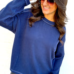 blu pepper Tops - Sweaters Crew Neck Ribbed Long Sleeve In Navy