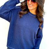 blu pepper Tops - Sweaters Crew Neck Ribbed Long Sleeve In Navy