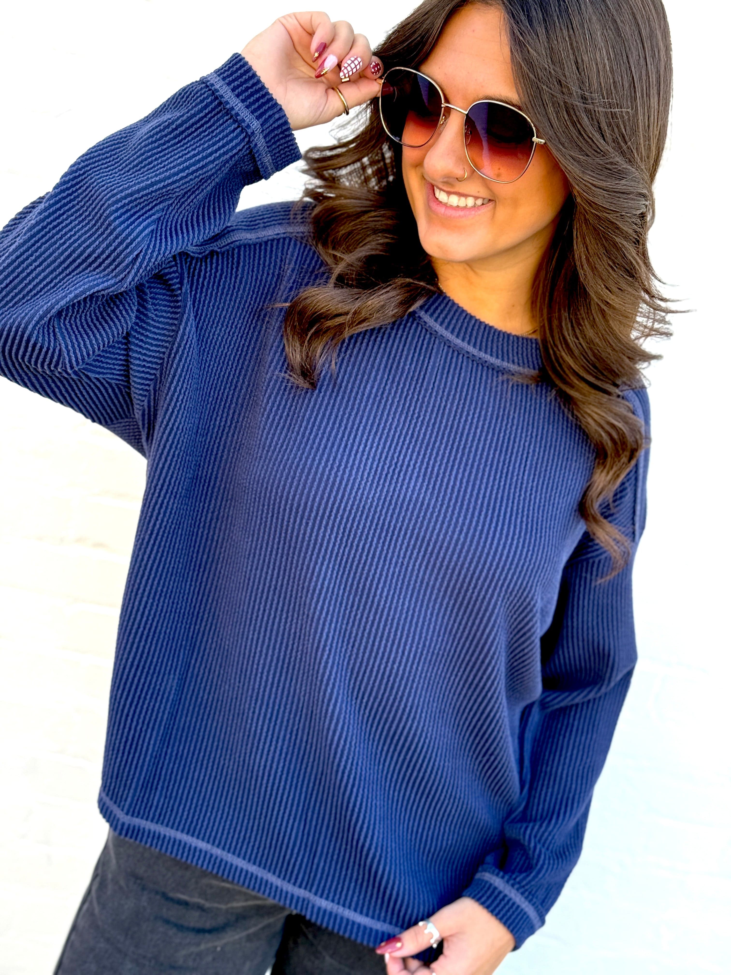 blu pepper Tops - Sweaters Crew Neck Ribbed Long Sleeve In Navy