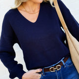 blu pepper Tops - Sweaters Drop Shoulder Back Tie Knit Sweater In Navy