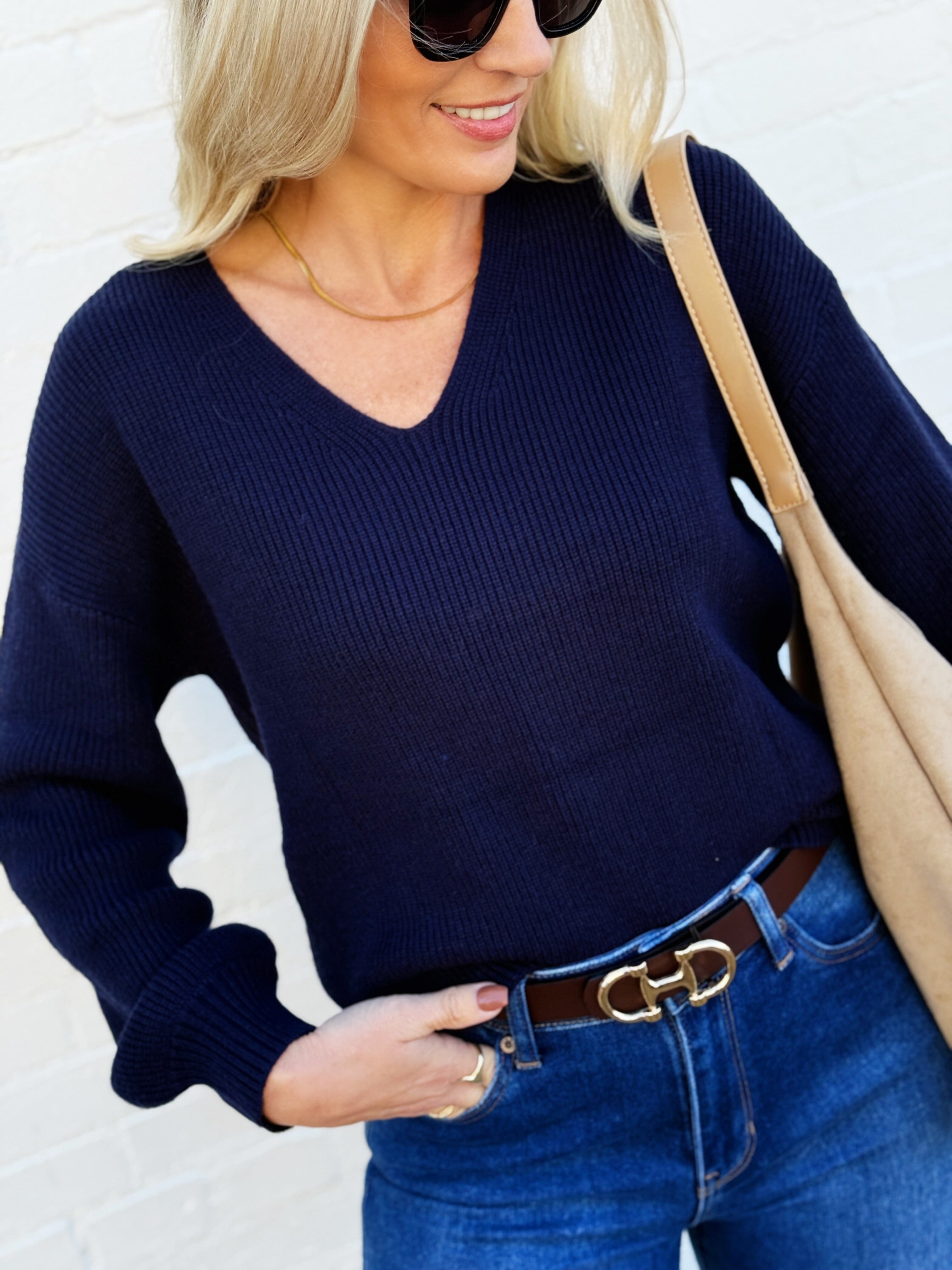 blu pepper Tops - Sweaters Drop Shoulder Back Tie Knit Sweater In Navy