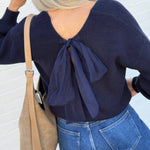 blu pepper Tops - Sweaters Drop Shoulder Back Tie Knit Sweater In Navy