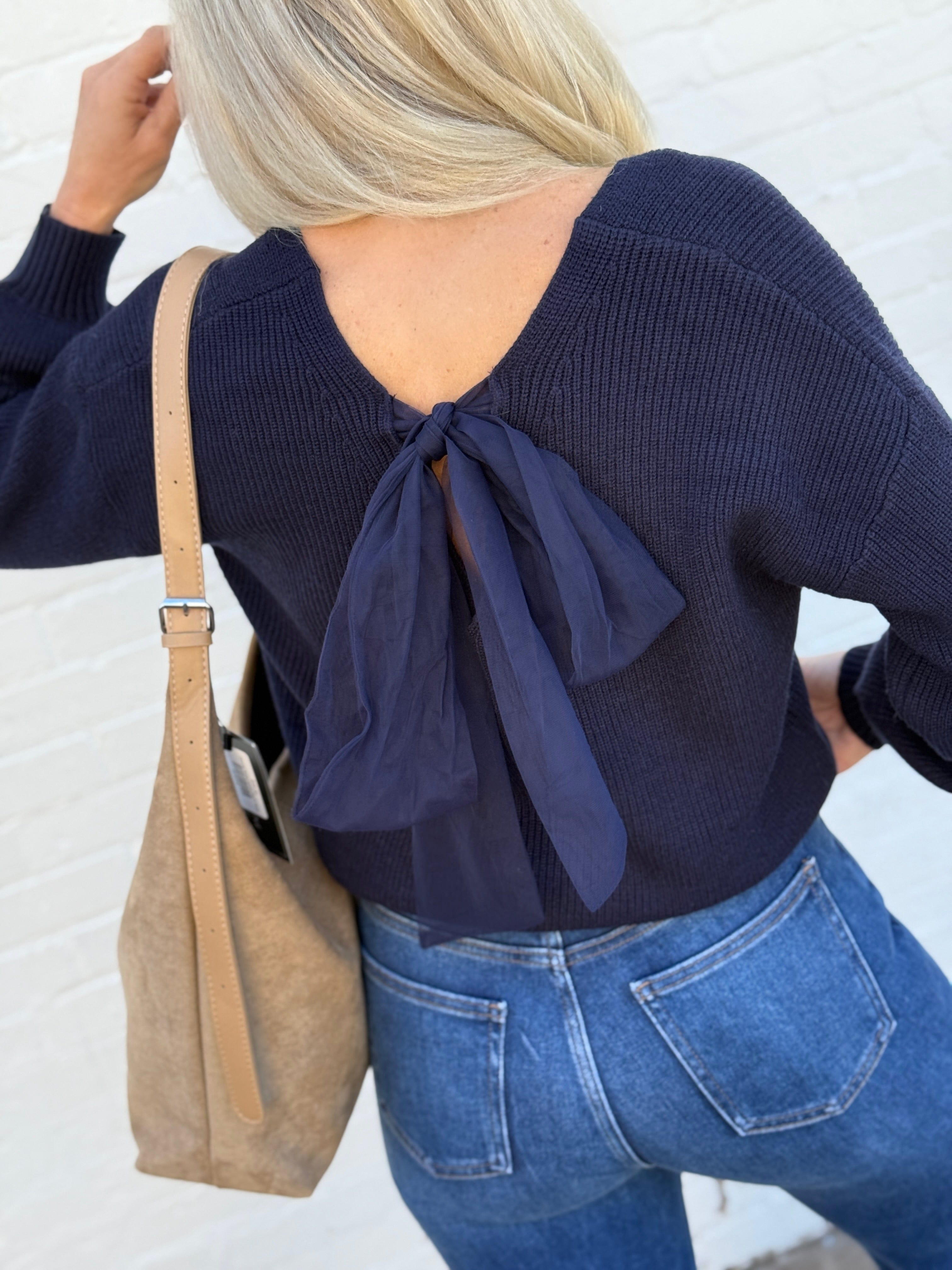 blu pepper Tops - Sweaters Drop Shoulder Back Tie Knit Sweater In Navy