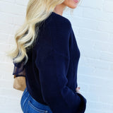 blu pepper Tops - Sweaters Drop Shoulder Back Tie Knit Sweater In Navy