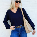 blu pepper Tops - Sweaters Drop Shoulder Back Tie Knit Sweater In Navy