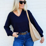 blu pepper Tops - Sweaters Drop Shoulder Back Tie Knit Sweater In Navy