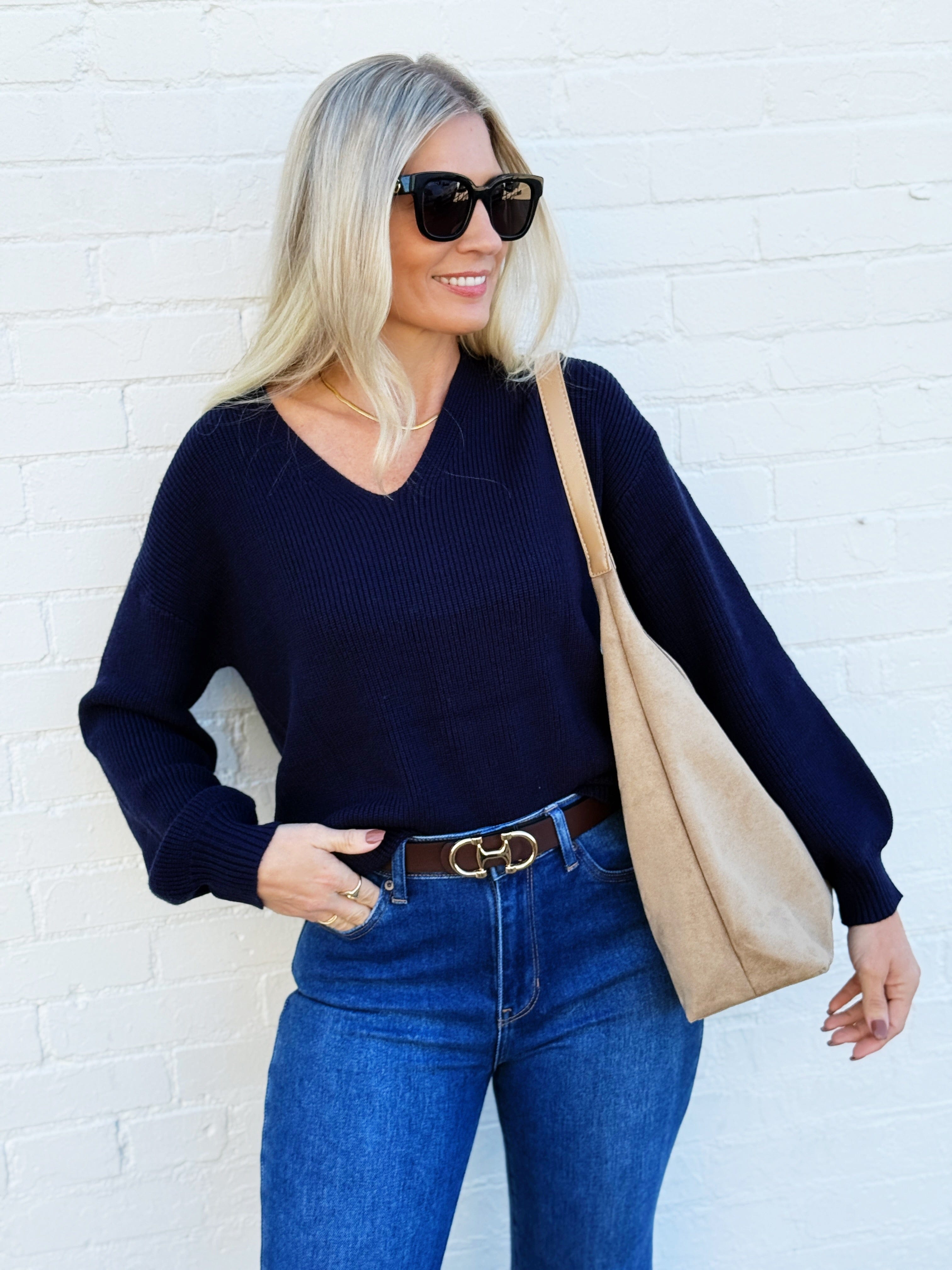 blu pepper Tops - Sweaters Drop Shoulder Back Tie Knit Sweater In Navy