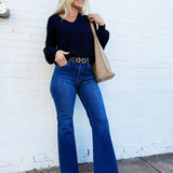 blu pepper Tops - Sweaters Drop Shoulder Back Tie Knit Sweater In Navy