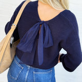 blu pepper Tops - Sweaters Drop Shoulder Back Tie Knit Sweater In Navy