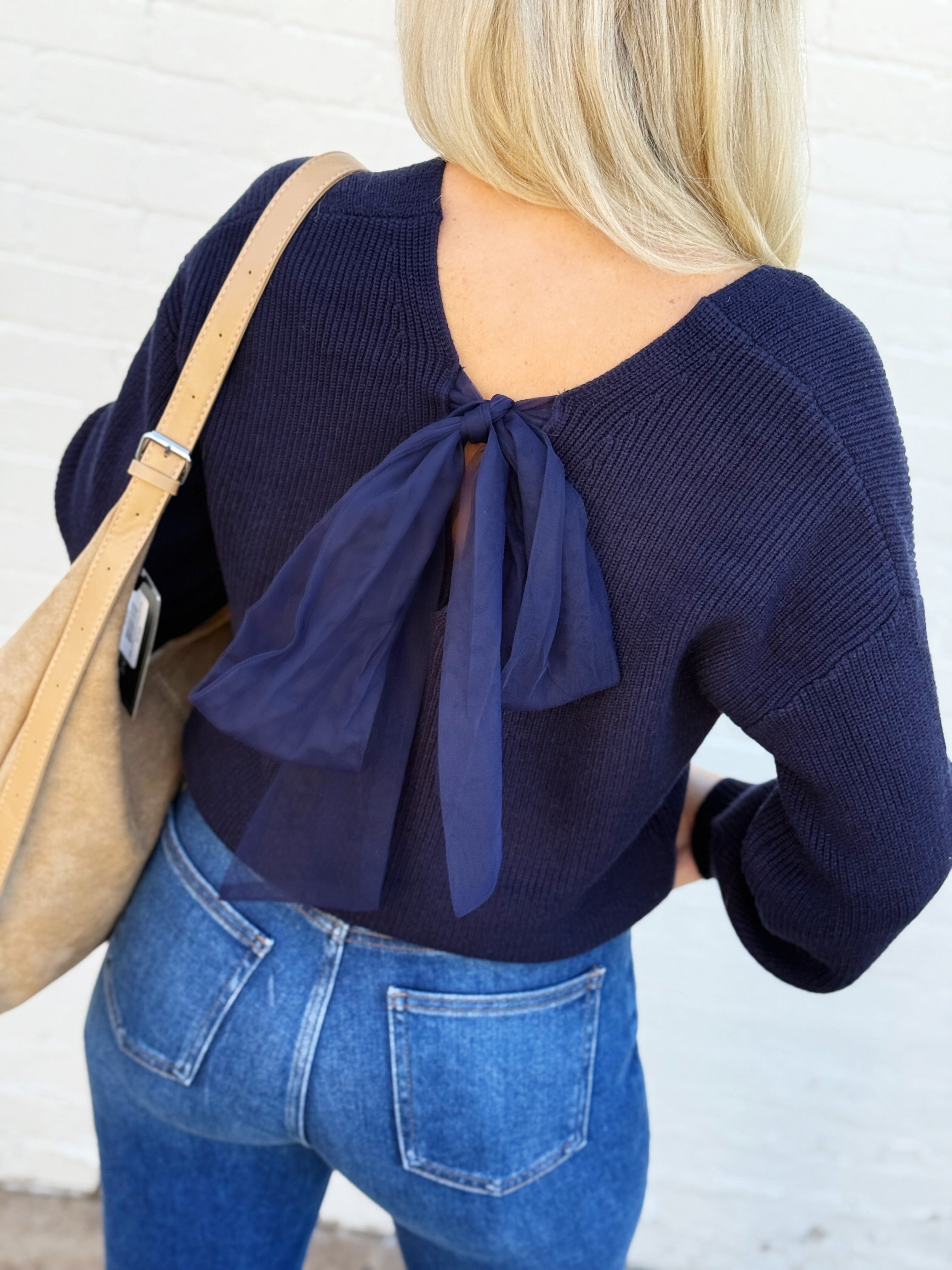 blu pepper Tops - Sweaters Drop Shoulder Back Tie Knit Sweater In Navy