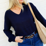 blu pepper Tops - Sweaters Drop Shoulder Back Tie Knit Sweater In Navy