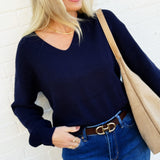blu pepper Tops - Sweaters Drop Shoulder Back Tie Knit Sweater In Navy