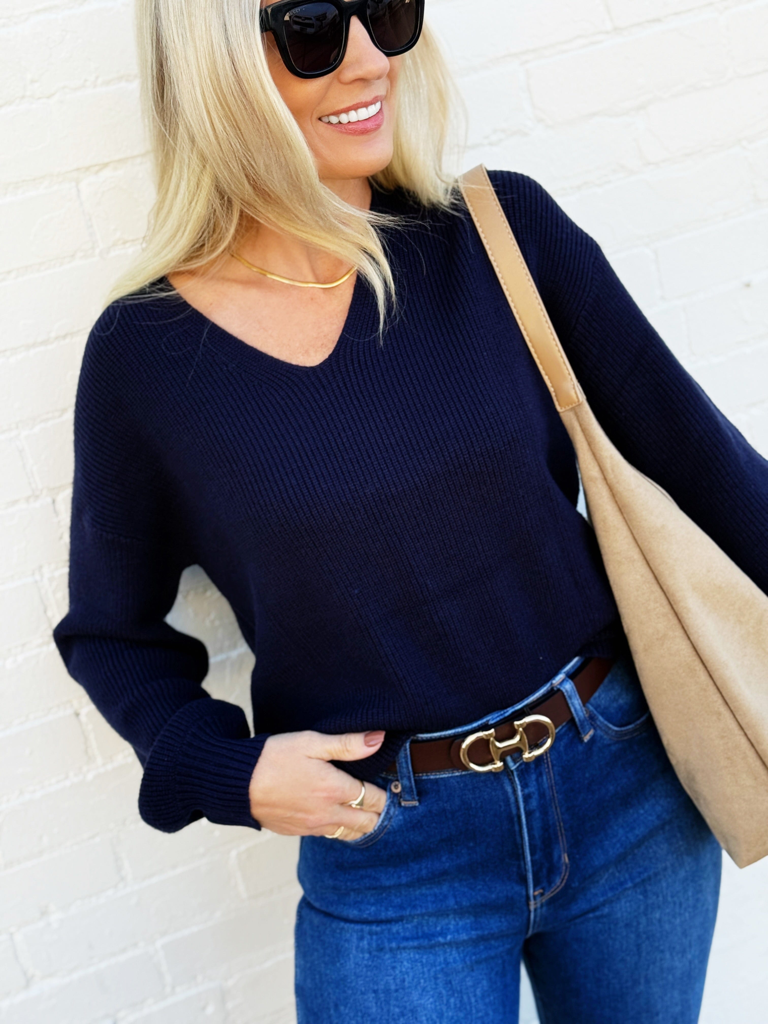 blu pepper Tops - Sweaters Drop Shoulder Back Tie Knit Sweater In Navy