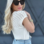 Eyelet Yoke Knit Tie Sweater In Ivory - Infinity Raine