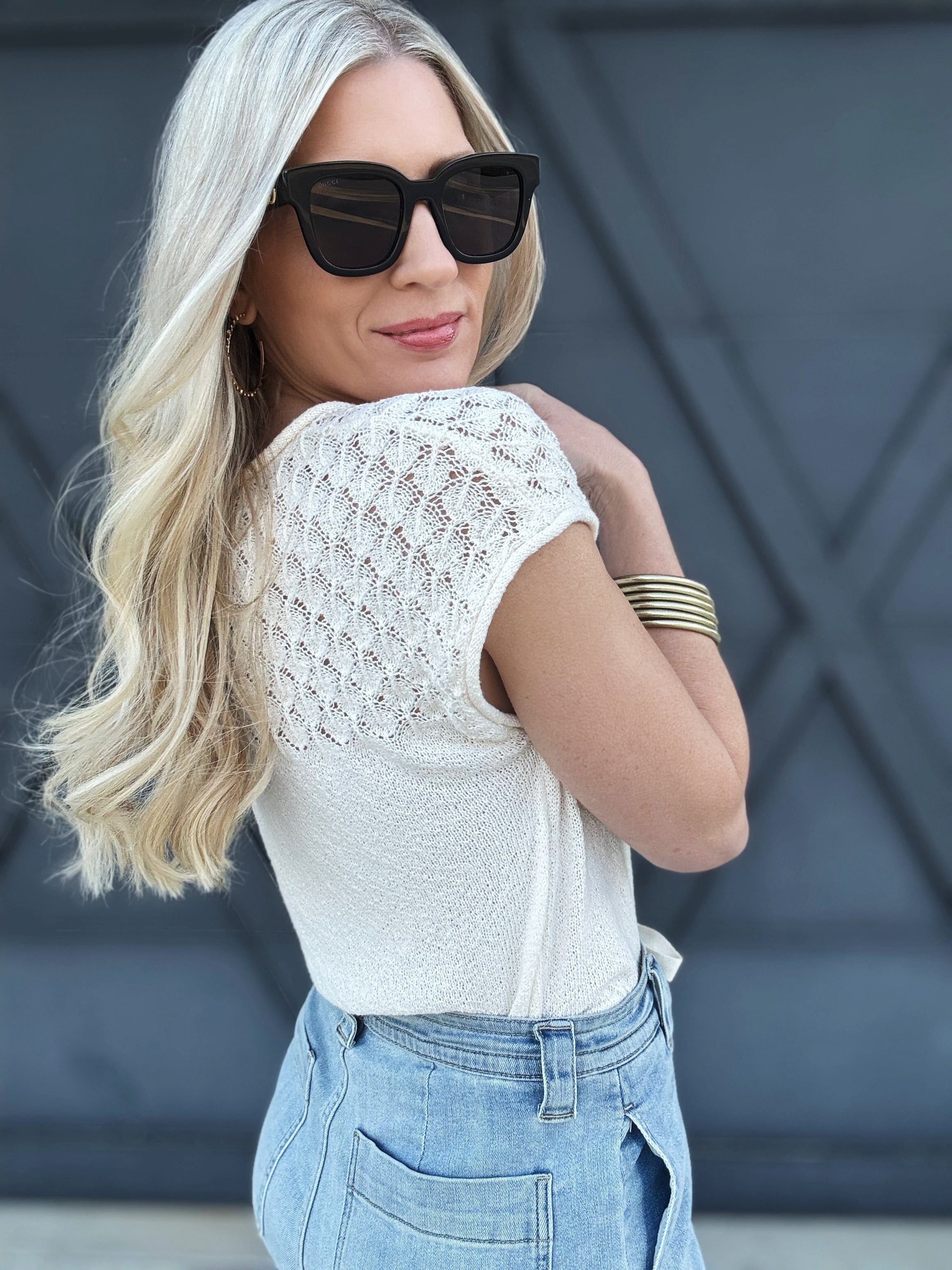 Eyelet Yoke Knit Tie Sweater In Ivory - Infinity Raine
