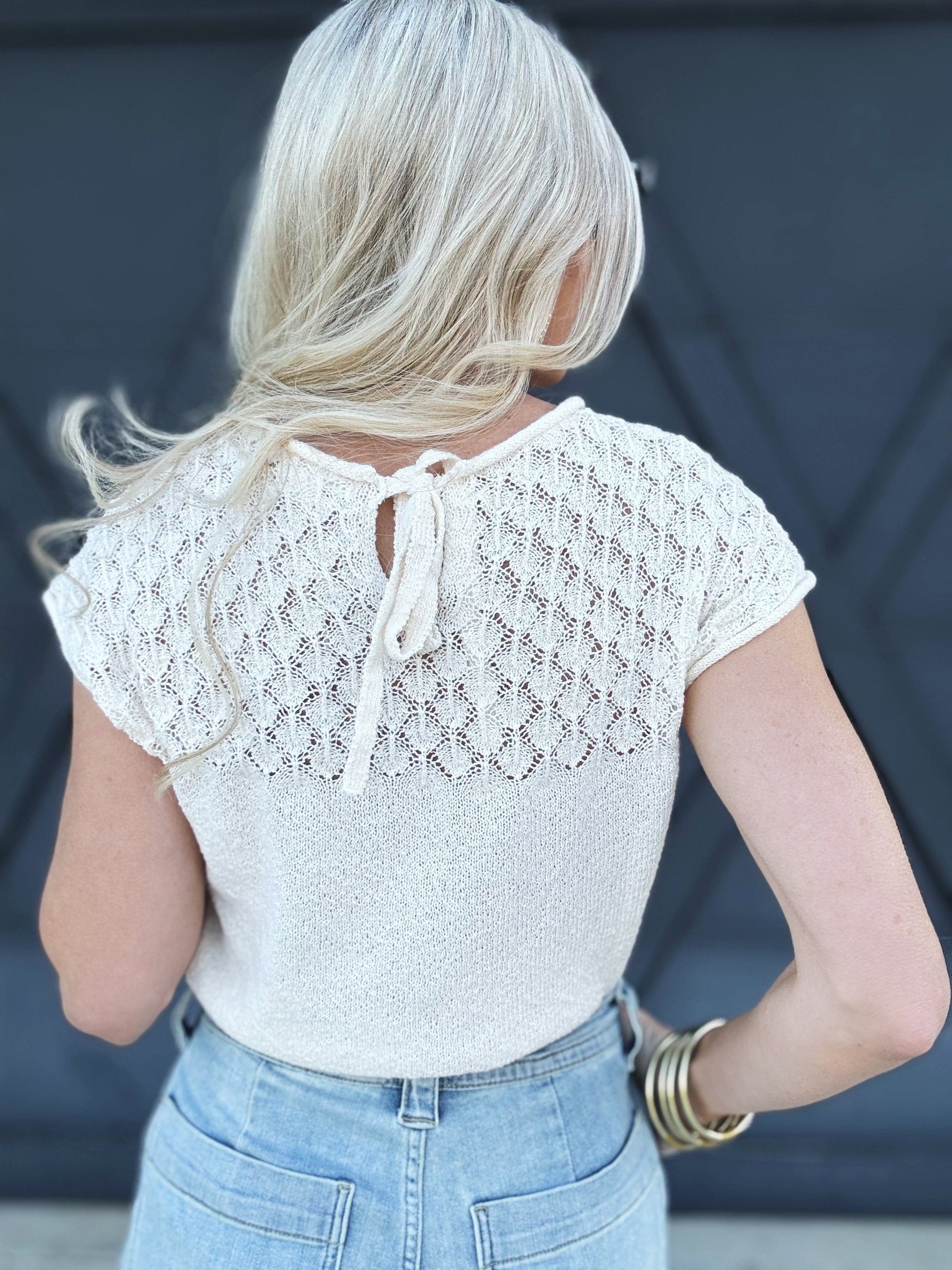 Eyelet Yoke Knit Tie Sweater In Ivory - Infinity Raine
